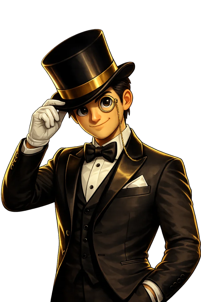 Mr. EveryKnows — the movie trivia emcee in tuxedo and top hat, tipping his hat
